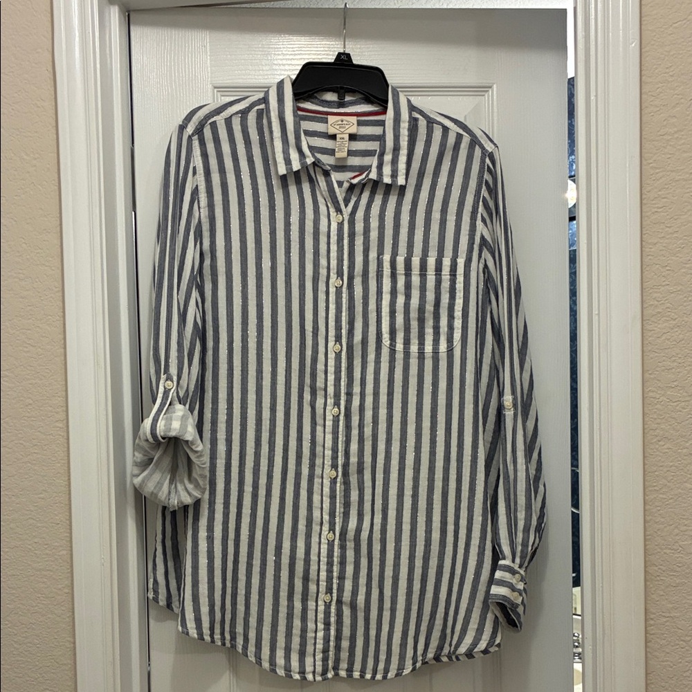 St. John's Bay Denim and White Striped Women's Button Down Shirt